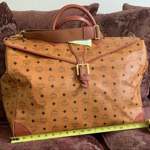 Authentic MCM Boston Bag Cognac Visetos Coated Gold Tone HardwareLeatherHandles